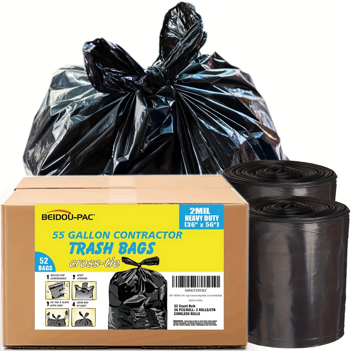 Pack of 52 Heavy Duty Black Contractor Trash Bags - Available in 158.99L & 208.2L Sizes, 2 Rolls with 26 Bags per Roll, Equipped with Handle Ties, made of High Density Polyethylene, Perfect for Construction Debris and Patio Cleanup.