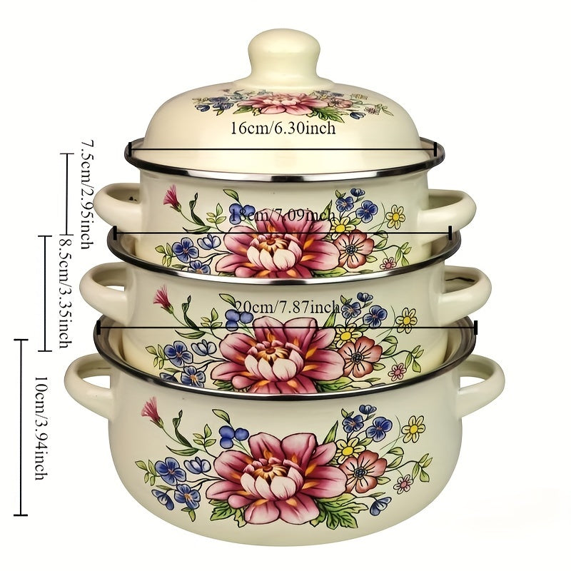 This 3-piece Enamel Cookware Set features a beautiful Floral Design, including pots perfect for soup, stew, and boiling. These versatile pots are ideal for use in the kitchen, and can be used on gas, electric stoves, and open fires. Please note that they