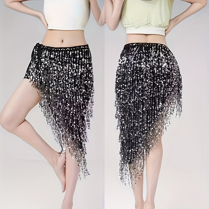 Sequined tassel skirt ideal for energetic belly dance performance.