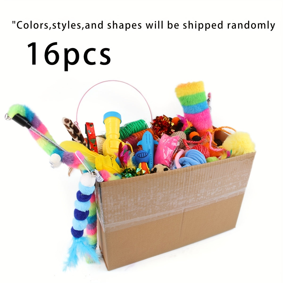 Mixed pack of 200/64/32/16 cat toys, including plastic and plush toys for multiple cats. Variety allows for different toys daily. Randomly shipped in various colors, styles, shapes, and