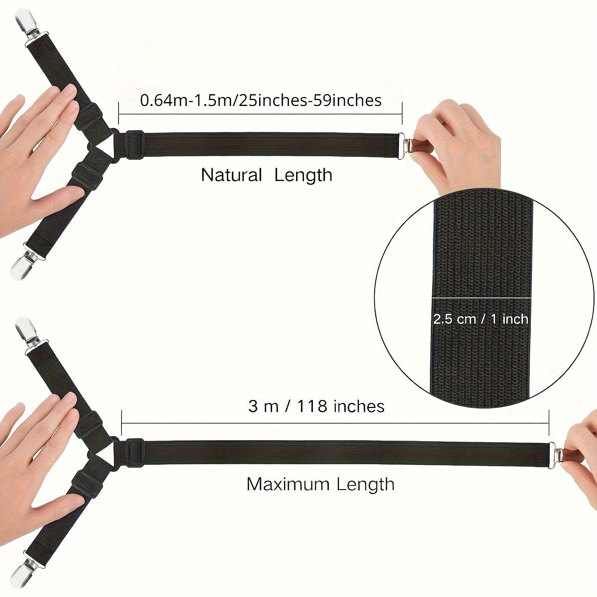 Два регулируемых треугольных зажима для простыней с эластичными ремнями и надежными зажимами для крепления матрасных чехлов, подушек для диванов и многого другого. Изготовлены из прочного нейлонового материала, только ручная стирка. Цвет: черный.