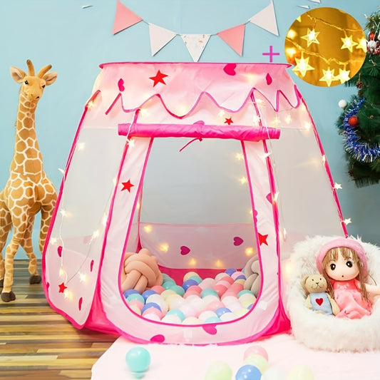 Children's pop-up play tent with star lights, pink princess ball pit for toddlers, indoor and outdoor playhouse, removable roof, steel frame, polyester fabric, includes storage bag