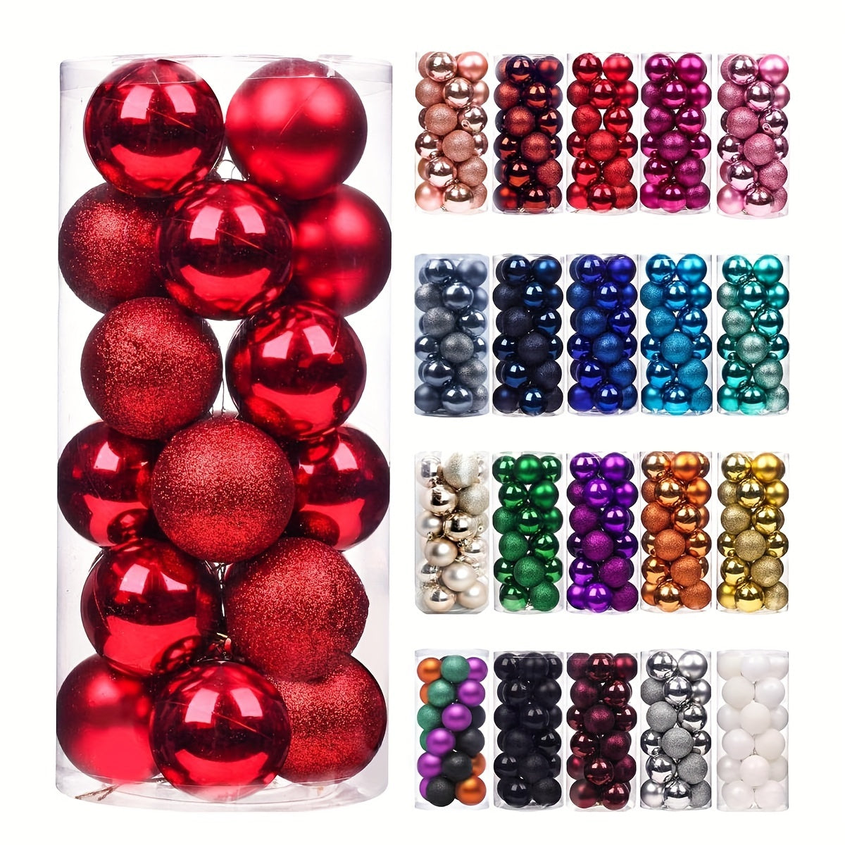 24 shatterproof Christmas tree ornaments in various sizes for festive decorations.