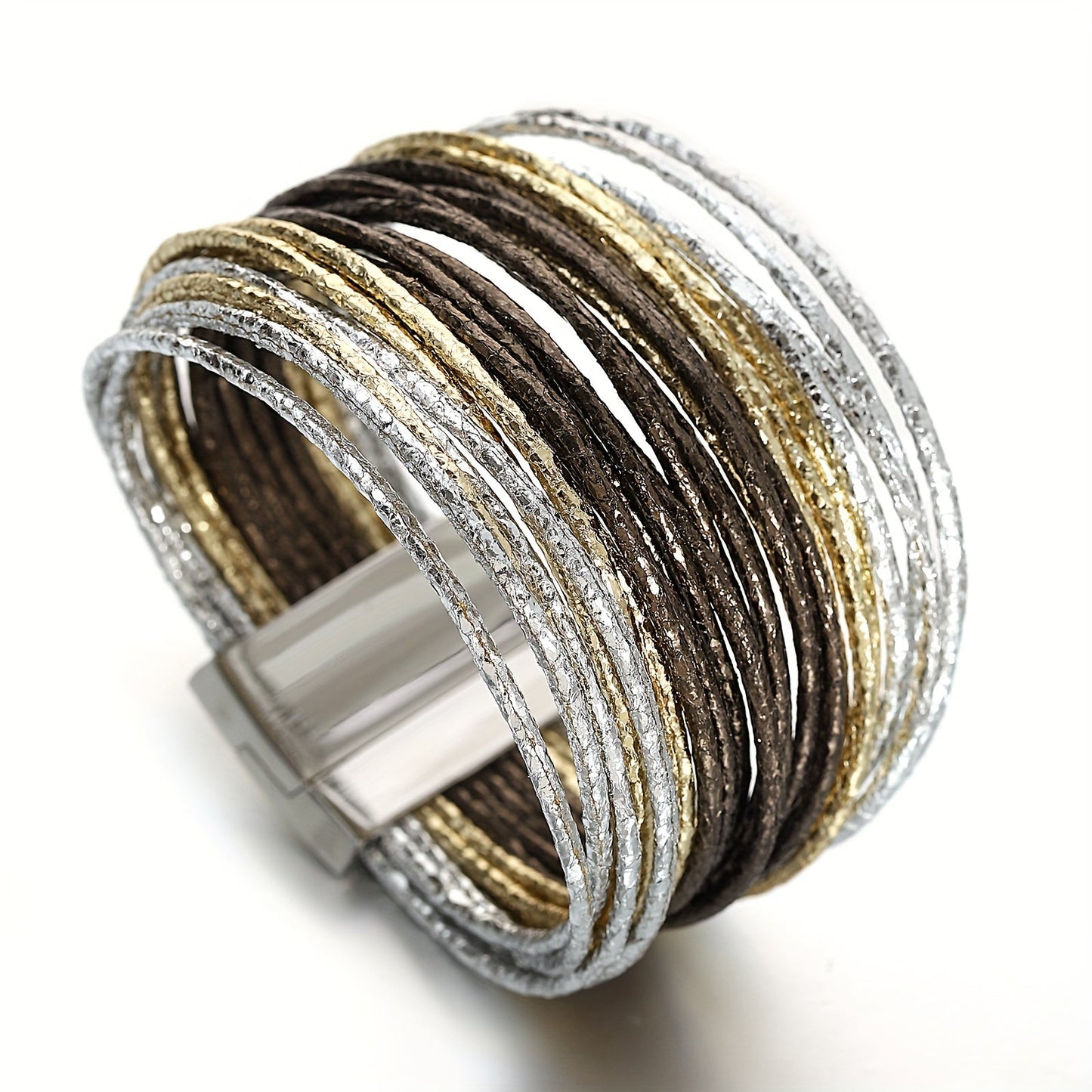 This Multilayer Wrap Bracelet features Slim Stripes and Metallic Shiny Glitter Leather, with a Magnetic Clasp that makes it easy to put on and take off. Perfect for Men and Women, this Bracelet is great for Holiday Parties and makes a unique Birthday