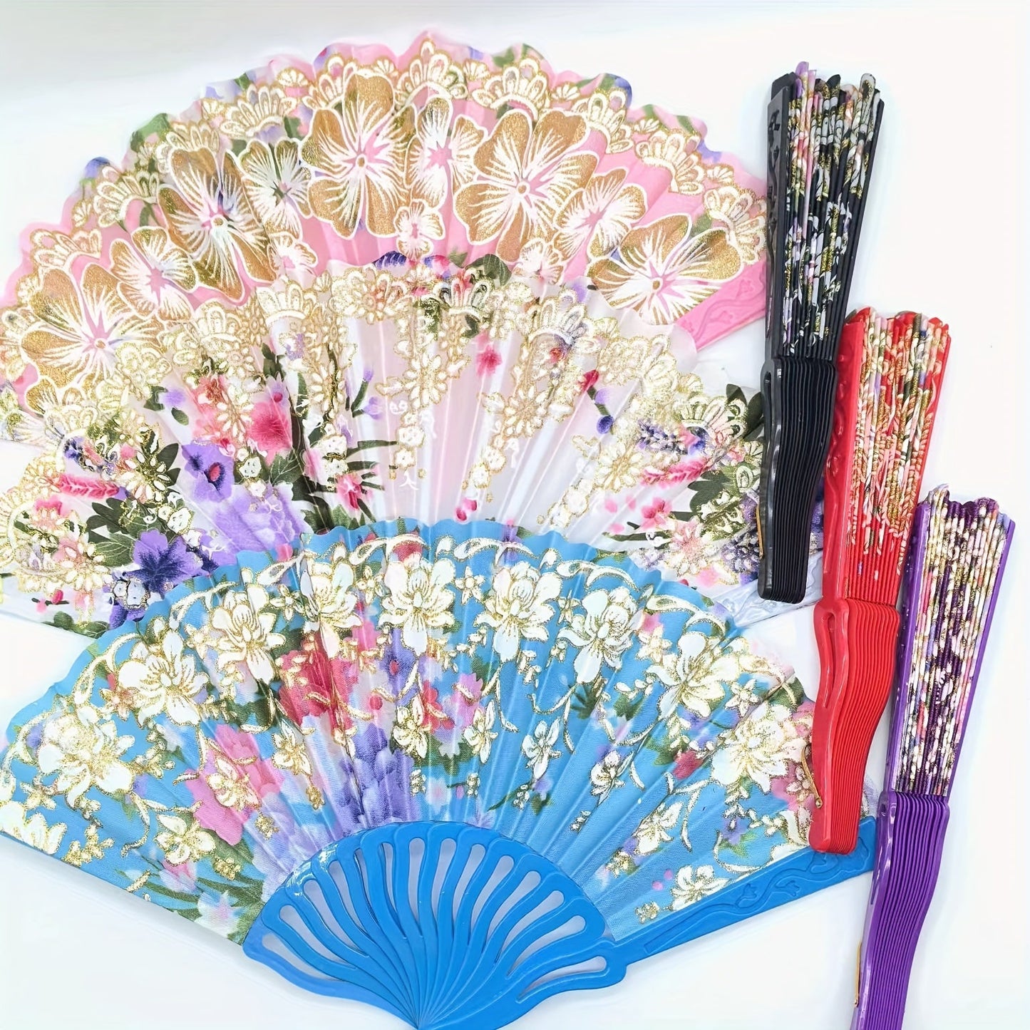 Beautiful Floral Fan Collection - Set of 12/6 Portable Folding Fans made with Linen Fabric & Plastic, adorned with Golden Glitter details and featuring a variety of Patterns