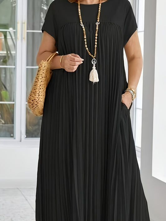 Black pleated midi dress for women, chic short sleeve, round neck, made of polyester & spandex blend, non-stretch woven fabric, ideal for all seasons.