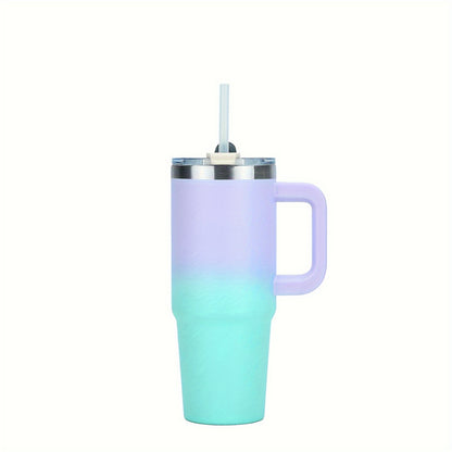 Stainless steel double-layer tumbler with handle, lid, and straw. Vacuum insulated for hot and cold beverages. Ideal for sports and outdoor activities.