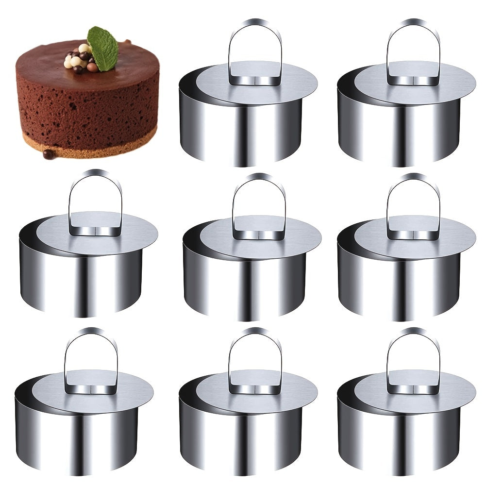 Round Cake Mold Set includes 2, 4, or 8 pieces made of stainless steel. Perfect for creating mousse cakes with an 8.0 cm diameter cake ring.