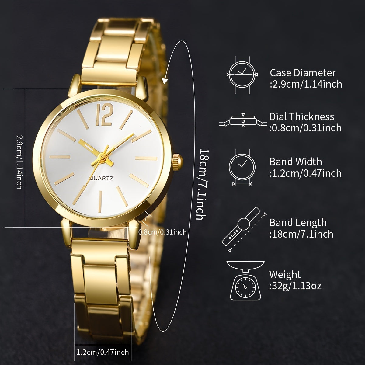 Elegant women's quartz watch and bracelet set with non-rechargeable battery, featuring a round alloy case and fashionable minimalist design. Stylish ladies' accessory (box not included).