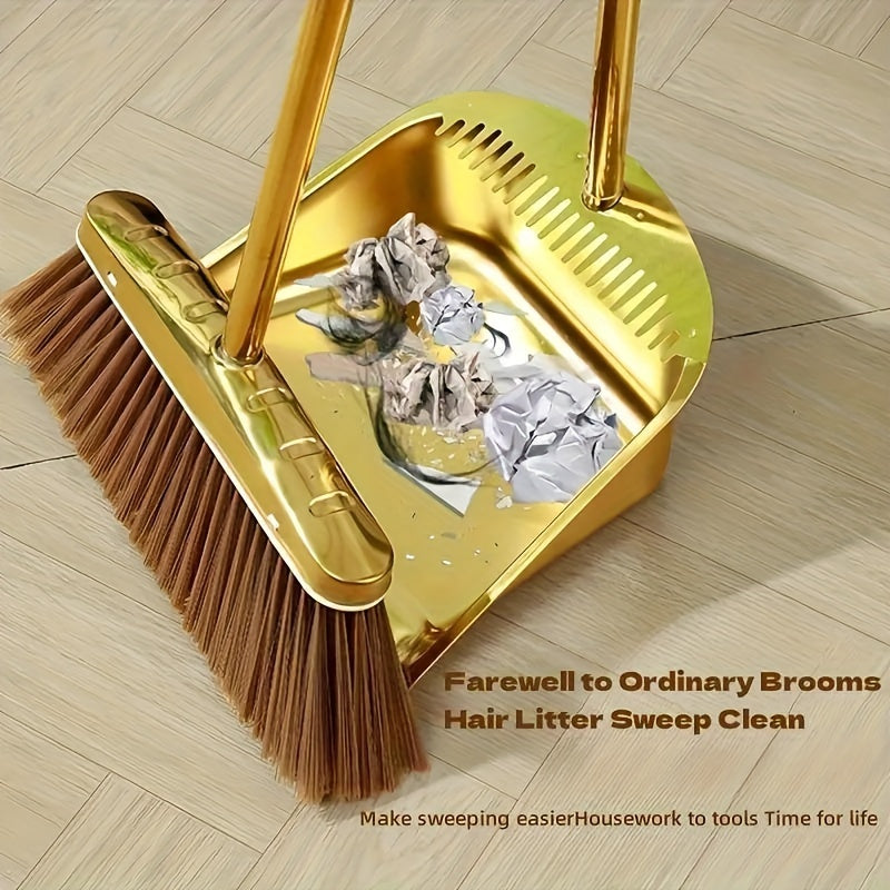 Elegant Gold Stainless Steel Broom and Dustpan Set - High Quality 2 Piece Set, Sturdy & Reinforced for Effective Home Cleaning - Ideal for Any Room in the House, Including Living Room, Bedroom, Bathroom, Kitchen, and Hardwood Floors.