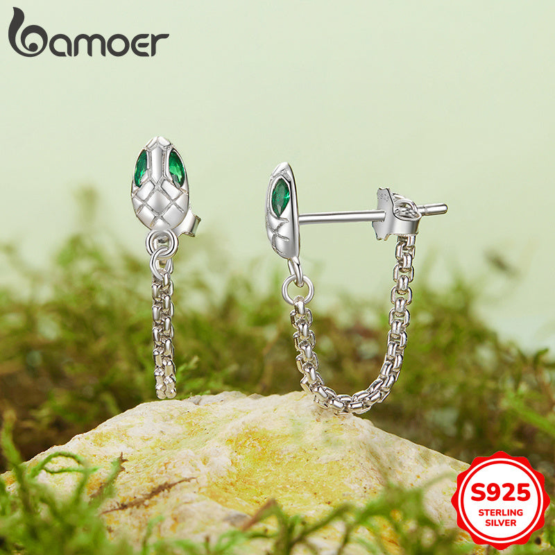 Vintage punk style 1 pair of GAMOER chic snake tassel hoop earrings for women featuring green gemstone eyes. Made of hypoallergenic 925 sterling silver, perfect for music festivals and parties.