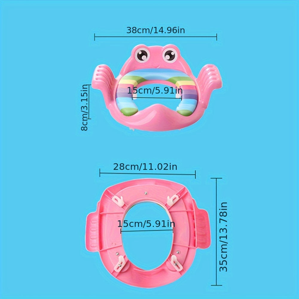 Cute cartoon toilet seat with training insert features frog & dolphin design. Portable, non-slip travel potty chair for boys & girls with urine splash guard. Versatile training set includes travel bag, suitable for children aged 3-12.