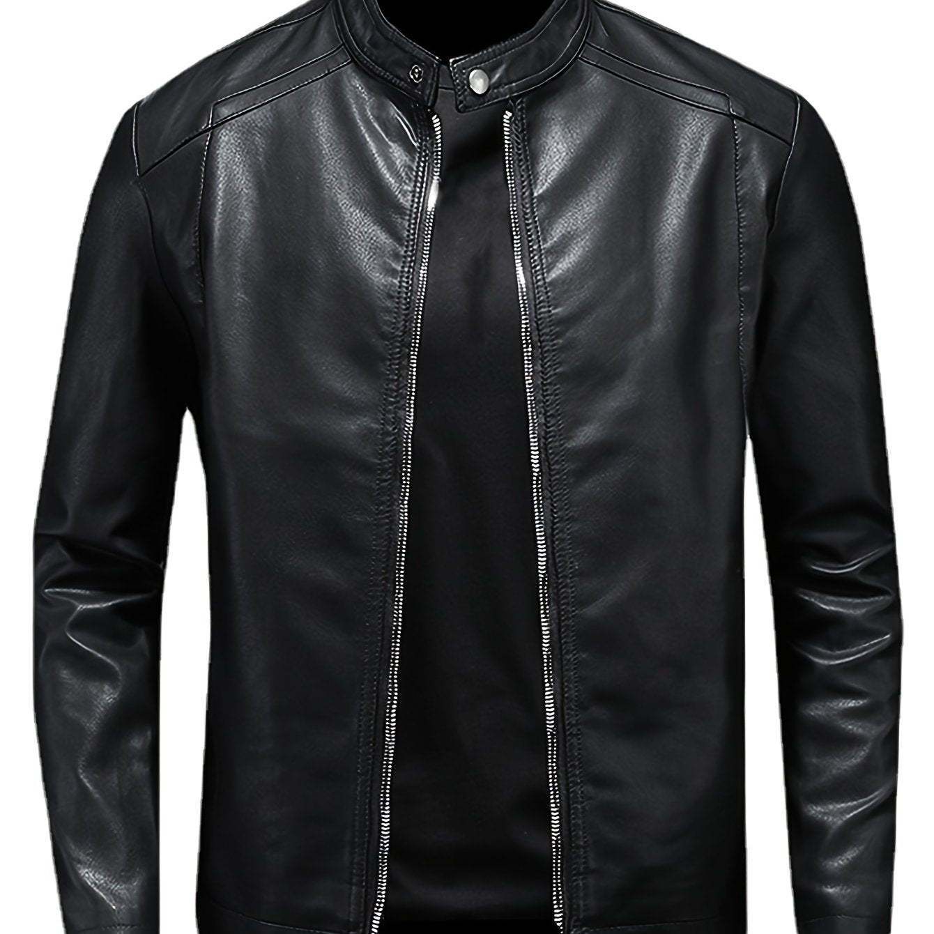 PU Leather Jacket for Men with Stand Collar and Zippered Pockets, Motorcycle Style