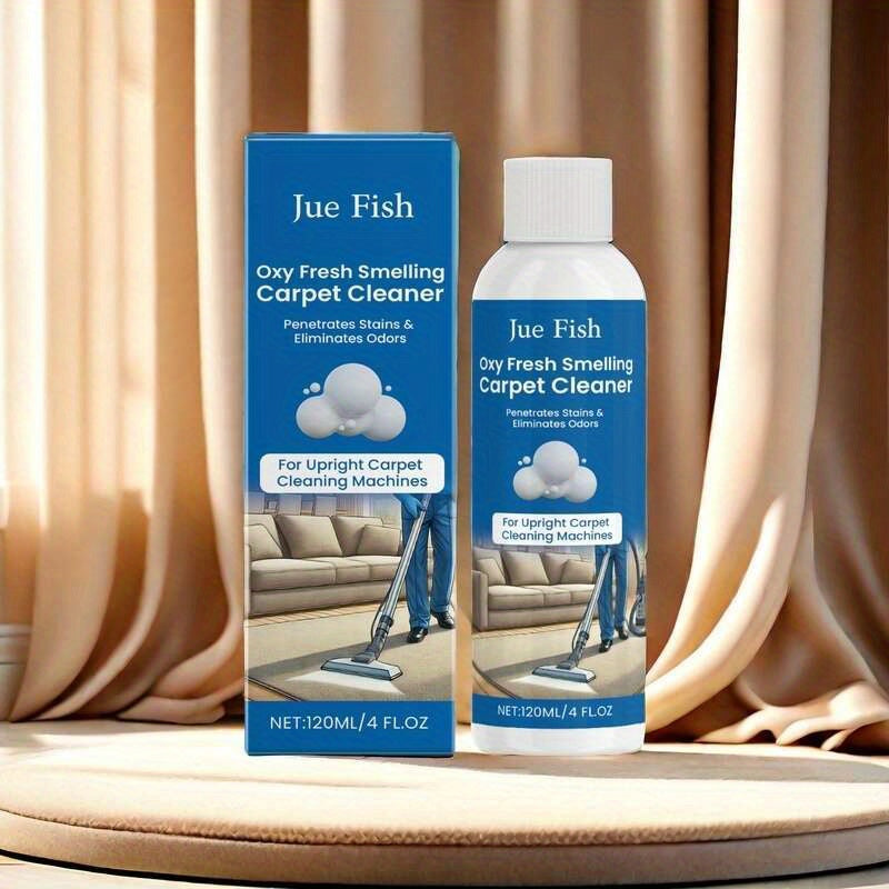 Revitalize your carpets with Jue Fish 120ml Oxy Fresh Carpet Cleaner. This powerful stain and odor eliminator uses a fume-free fabric cleaning solution with sodium bicarbonate. Perfect for use with upright machines, this cleaner is ideal for indoor use