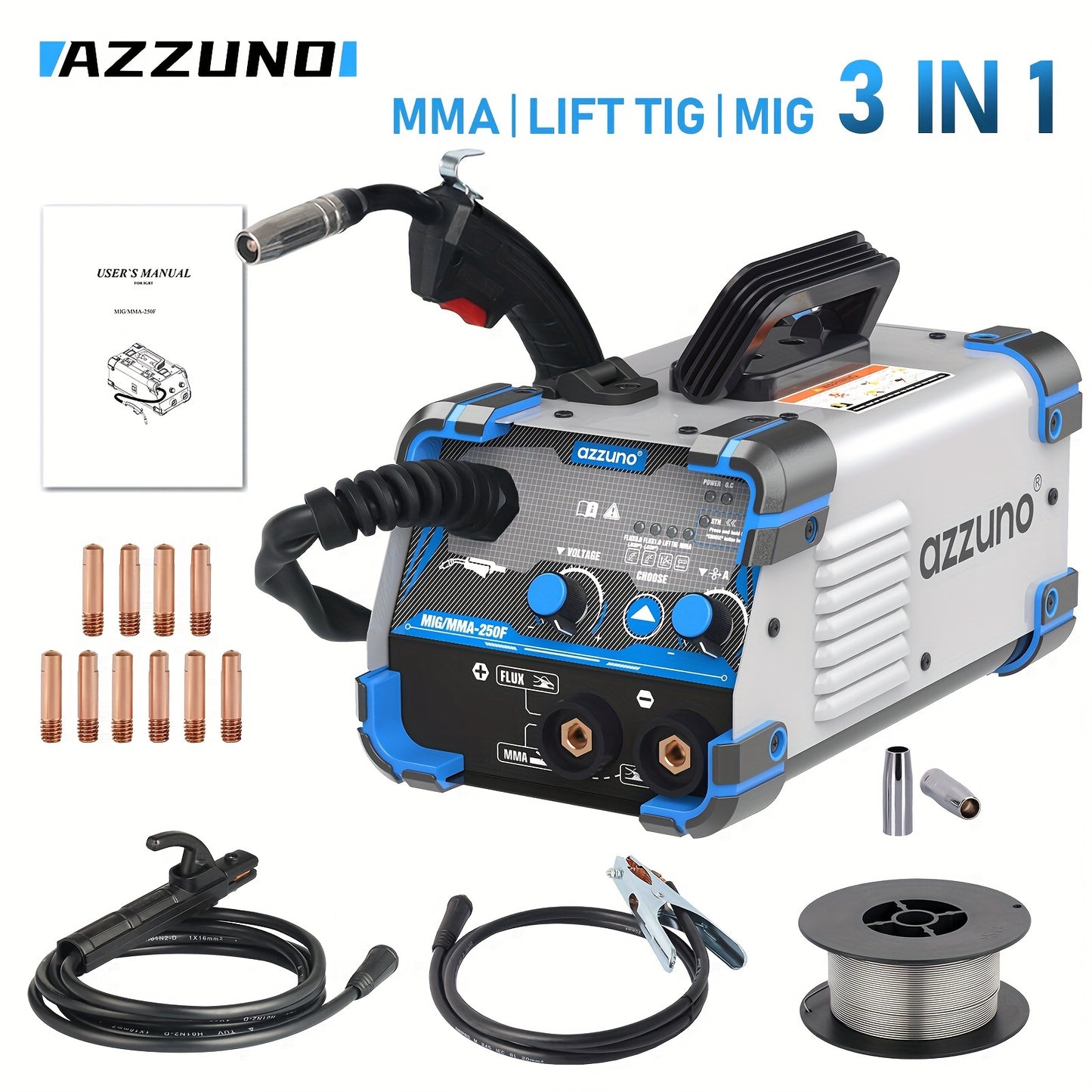 AZZUNO Multi-Function Welding Machine with MIG/MMA/TIG capabilities, portable and versatile, includes US Plug.