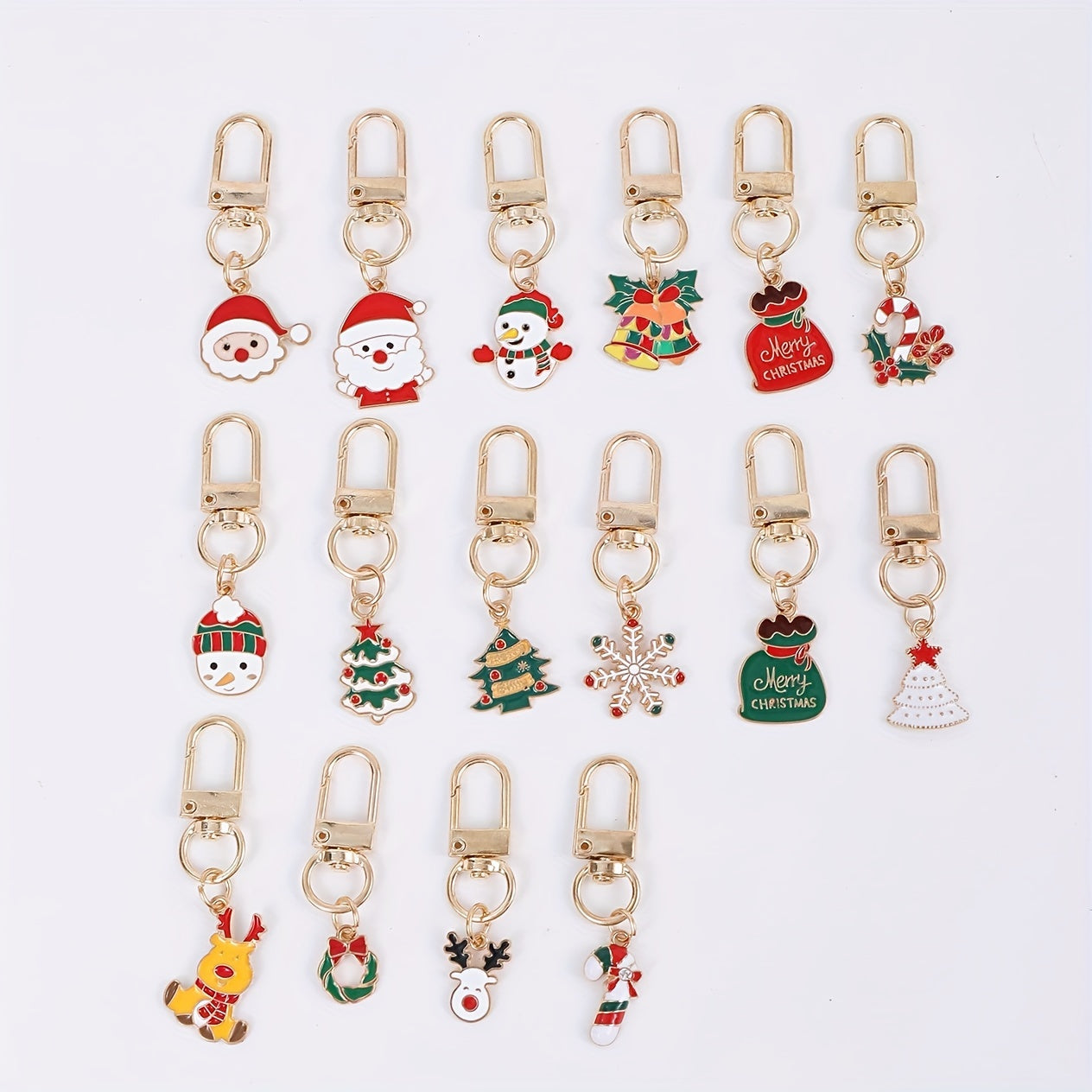 [Top Pick] Set of 16 Christmas-Themed Keychains featuring adorable Cartoon Alloy Metal designs of Santa, Reindeer, Snowflakes, Candy Canes, Bells, and Snowman.