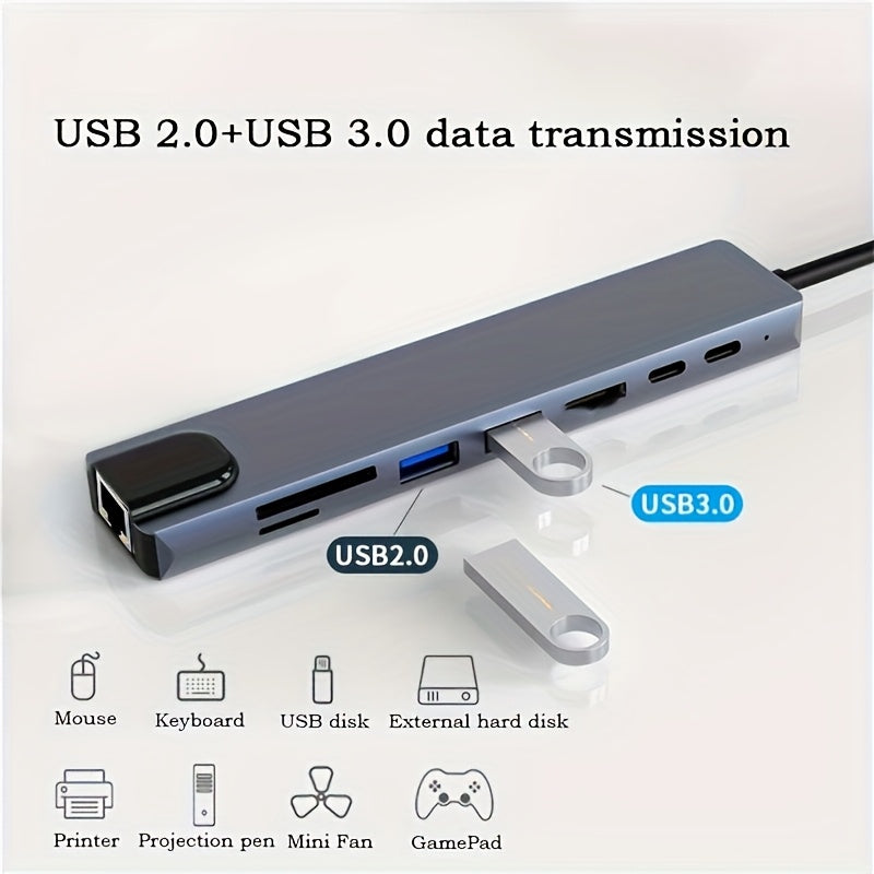 Compact & portable USB C hub with 8-in-1 features including 87W power delivery, Ethernet port, USB 3.0, SD/TF card reader, 4K Ultra HD support. Ideal for use with mouse, keyboard, USB disk