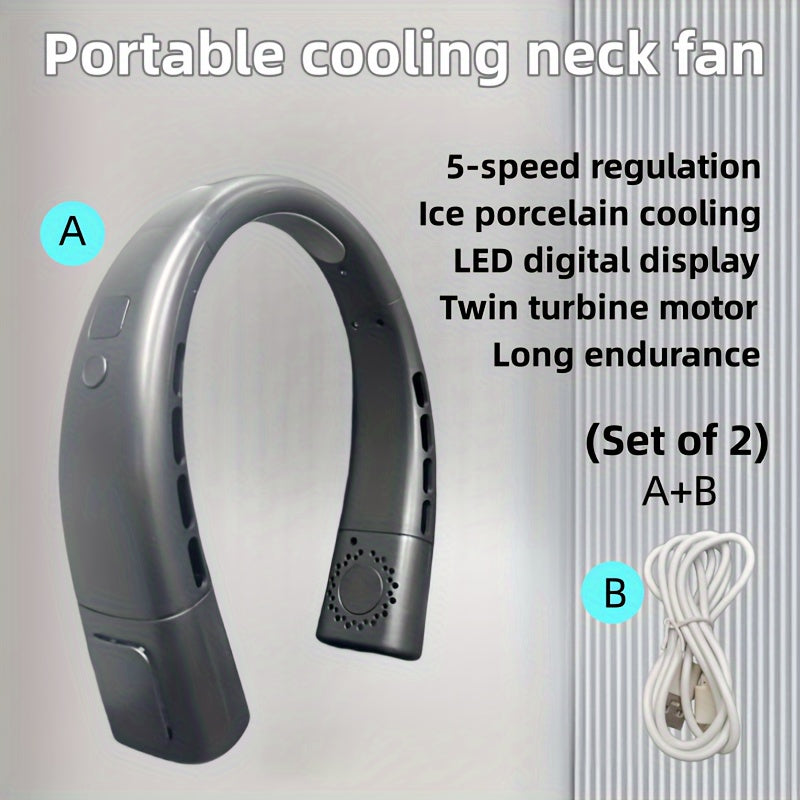 Two portable neck fans featuring quick cooling ice porcelain, bladeless design, USB-C fast charging, 5-speed LED display, quiet dual turbine motor, and long battery life. Ideal for outdoor activities, sports, home use, leisure, students, gifting