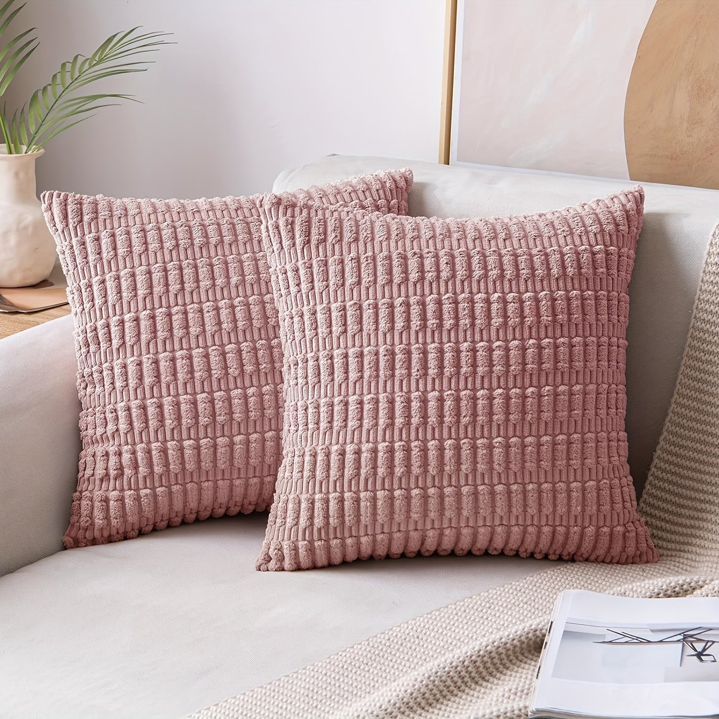 Reversible corduroy throw pillow cover with soft boho striped design, machine washable, zipper closure. Woven polyester, ideal for contemporary farmhouse home decor in sofa and living room. Size: 45.72x45.72 cm.