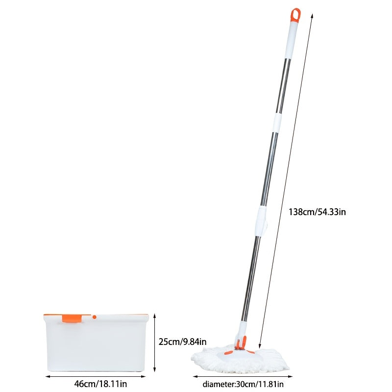 Набор ведра и швабры с 360-градусным вращением из нержавеющей стали и ПП для уборки без рук. Можно использовать для сухой или влажной уборки в спальне, ванной, кухне или гостиной. Легко менять насадку и эффективно сливать воду.