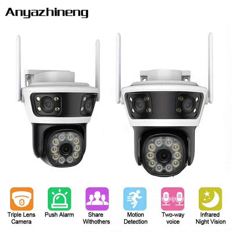 ANYAZHINENG Outdoor Wireless Security Camera is a high-definition 1080p camera with a triple lens for panoramic viewing. It features motion detection, night vision, two-way audio, PTZ capabilities, and can be wall-mounted. Powered by USB and compatible