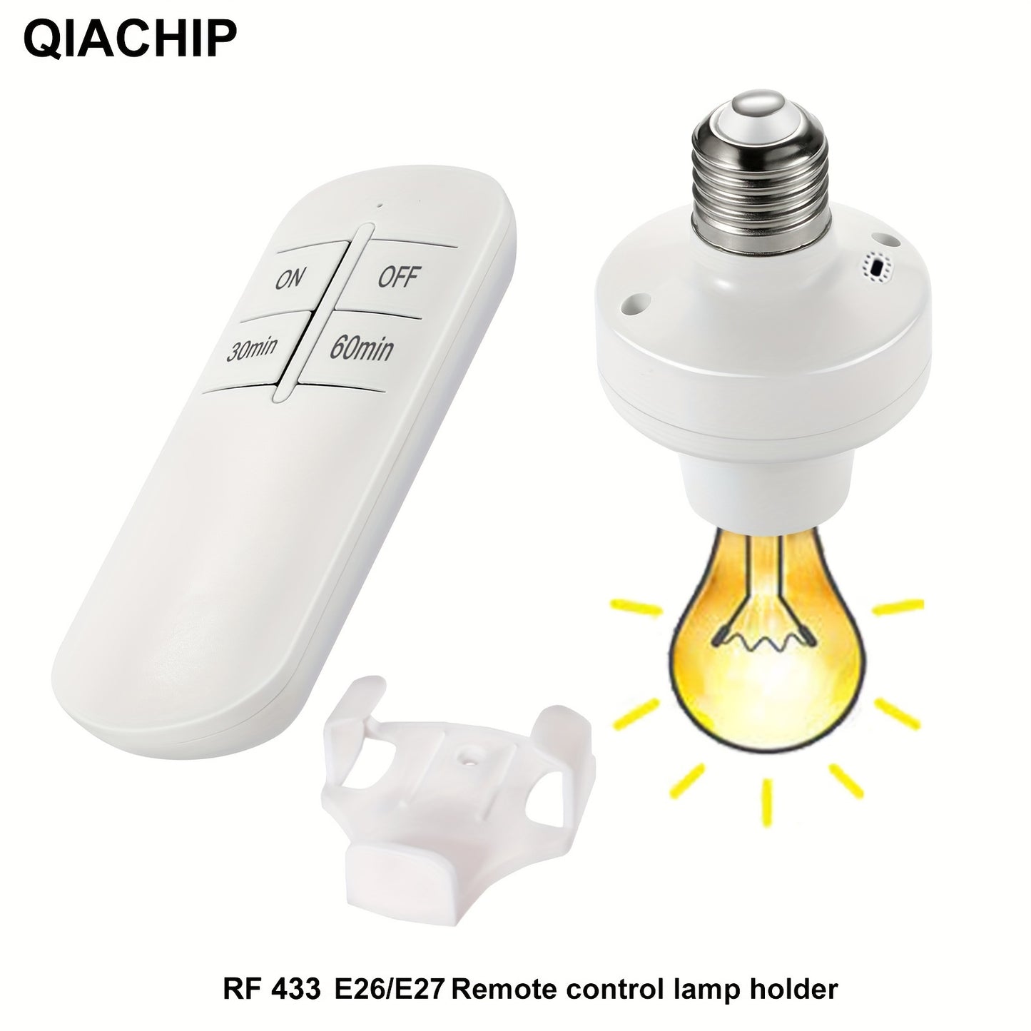 QIACHIP Wireless Lamp Socket with Timer - E26/E27, RF 433MHz, No Wiring, LED & Incandescent, AC85V-250V