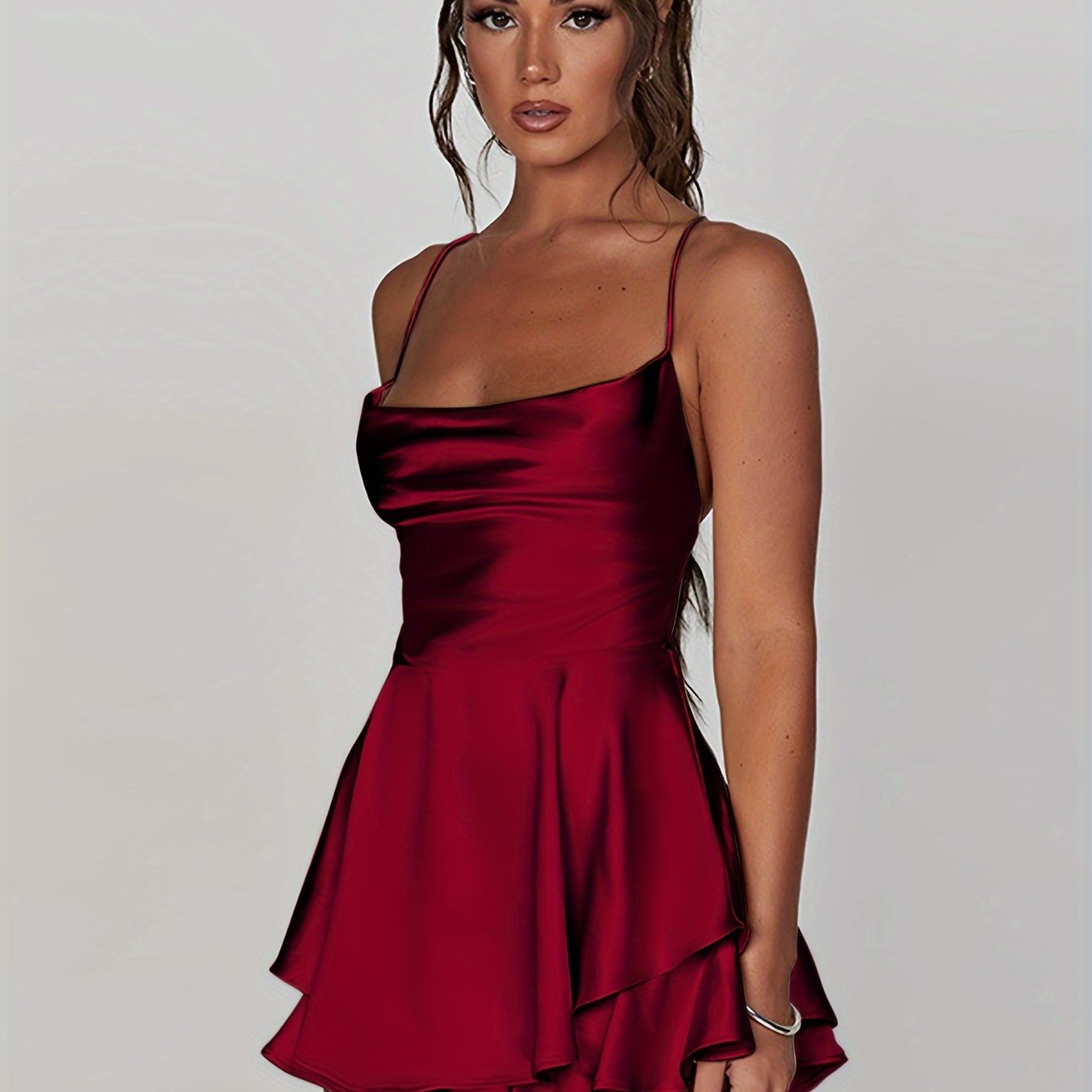 Tiered dress with spaghetti straps, cowl neck A-line mini dress, Coquette/Cute/Y2K style women's party dress.