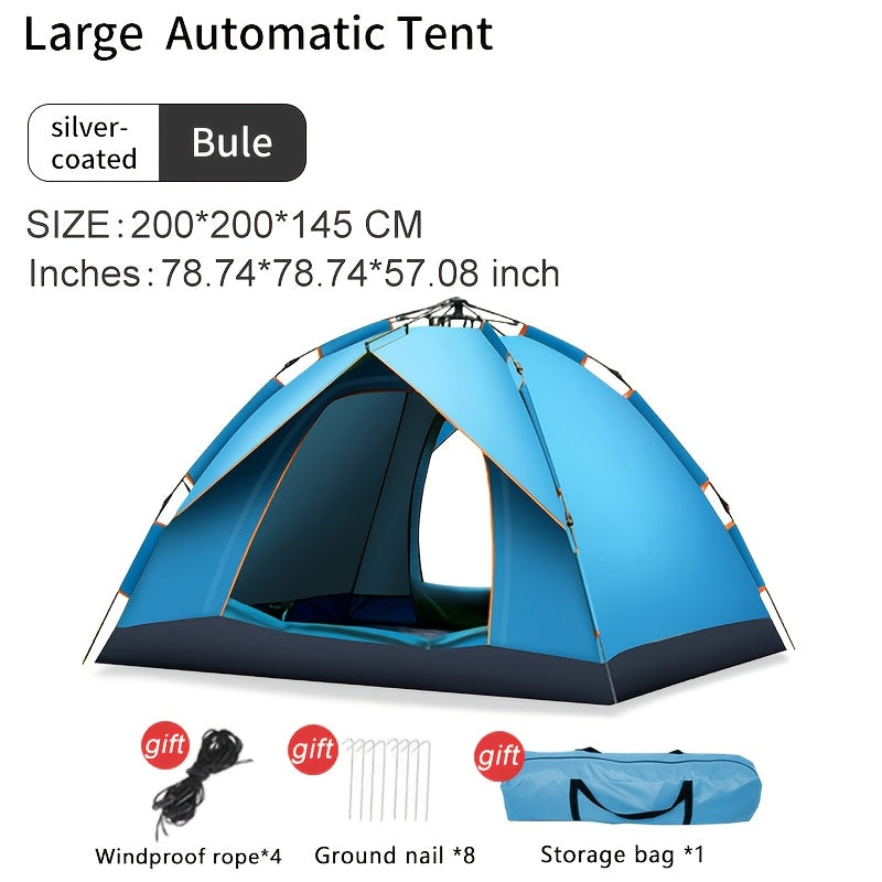 Fully automatic 4-person tent in lush green with durable poles, waterproof polyester blend, easy zip closure, portable for all seasons.