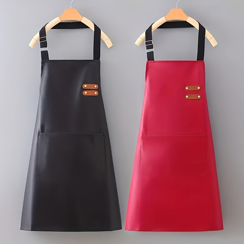 Soft faux leather and polyester apron with waterproof, oil-proof PU finish, adjustable neck strap, and front pocket. Suitable for cooking, BBQ, or barber use in black or red.