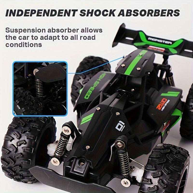 1:18 scale off-road RC car with 2.4G remote control, independent shock absorbers, dual battery, and large tires for all-terrain play.