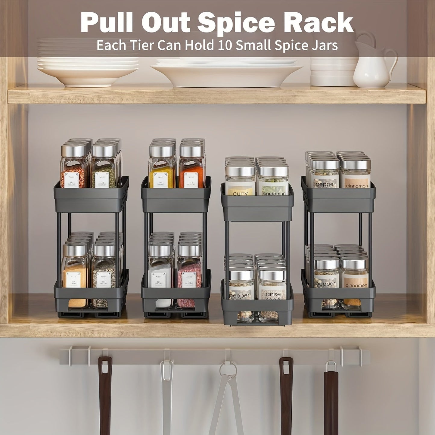 Easy to Install 3-Piece Pull-Out Spice Rack Organizer for Cabinets - Sturdy, Slide-Out Design Accommodates 10 Spice Jars on Each Tier