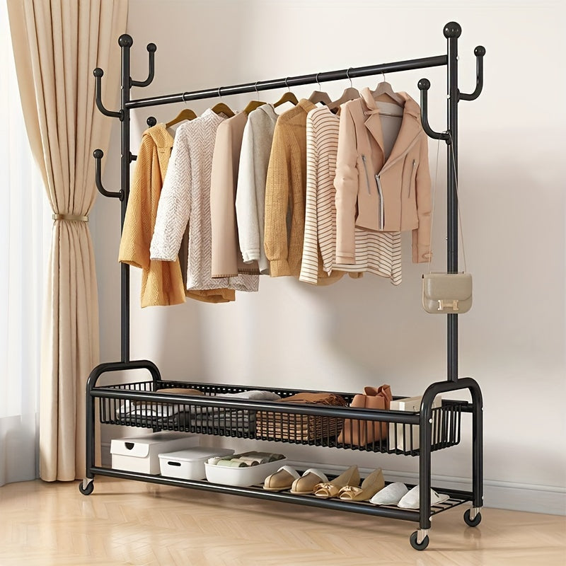 Multifunctional Rolling Coat Rack with 6 Hooks & Shelf - Strong Metal Construction, Perfect for Hanging Clothes, Jackets, Skirts, Coats, Scarves - Sleek Black Finish