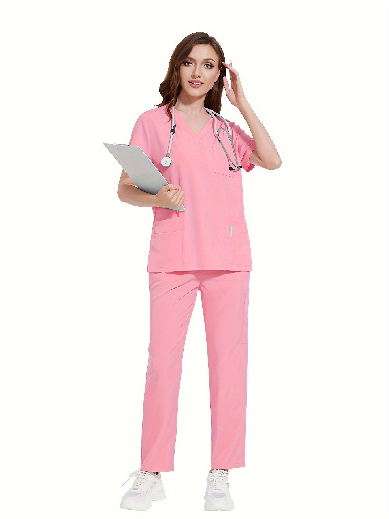 Premium polyester spandex scrubs set with V-neck shirt and straight-leg pants for nurses and surgeons.