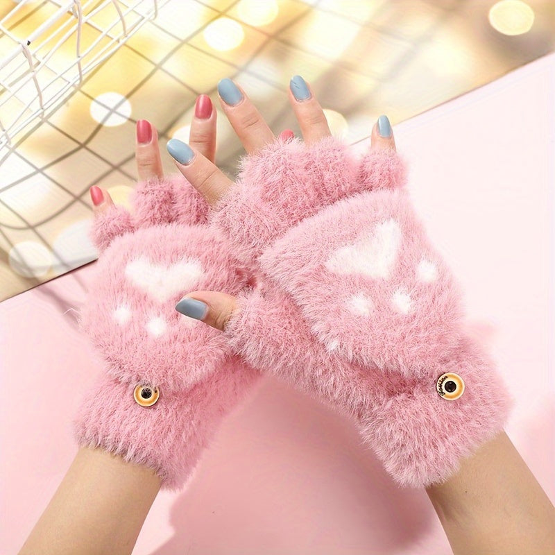 Hand Washable - Convertible Mitten Flap Casual Acrylic Gloves with Cartoon Cat Claw Design, Elastic Knit Winter Gloves Providing Non-Slip Grip and Windproof Protection. Perfect for Weekend Casual Wear.