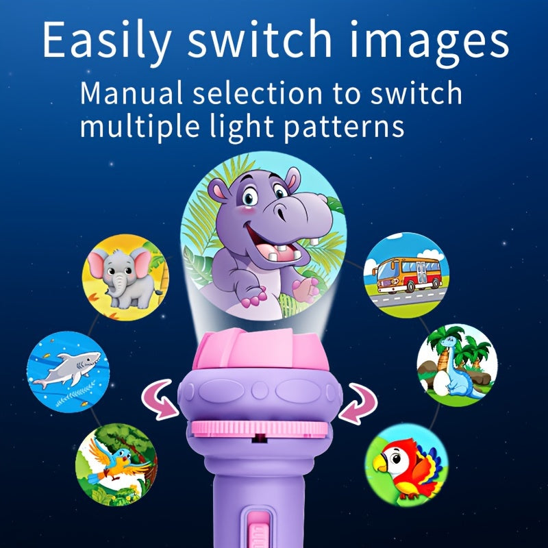 Projection flashlight for kids with 32 patterns featuring animals, dinosaurs, cars, and space for fun learning and bedtime education.