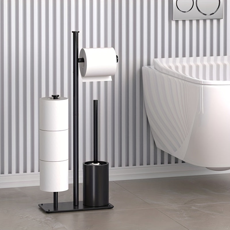 Freestanding toilet paper holder with storage rack and brush, efficient space-saving organizer