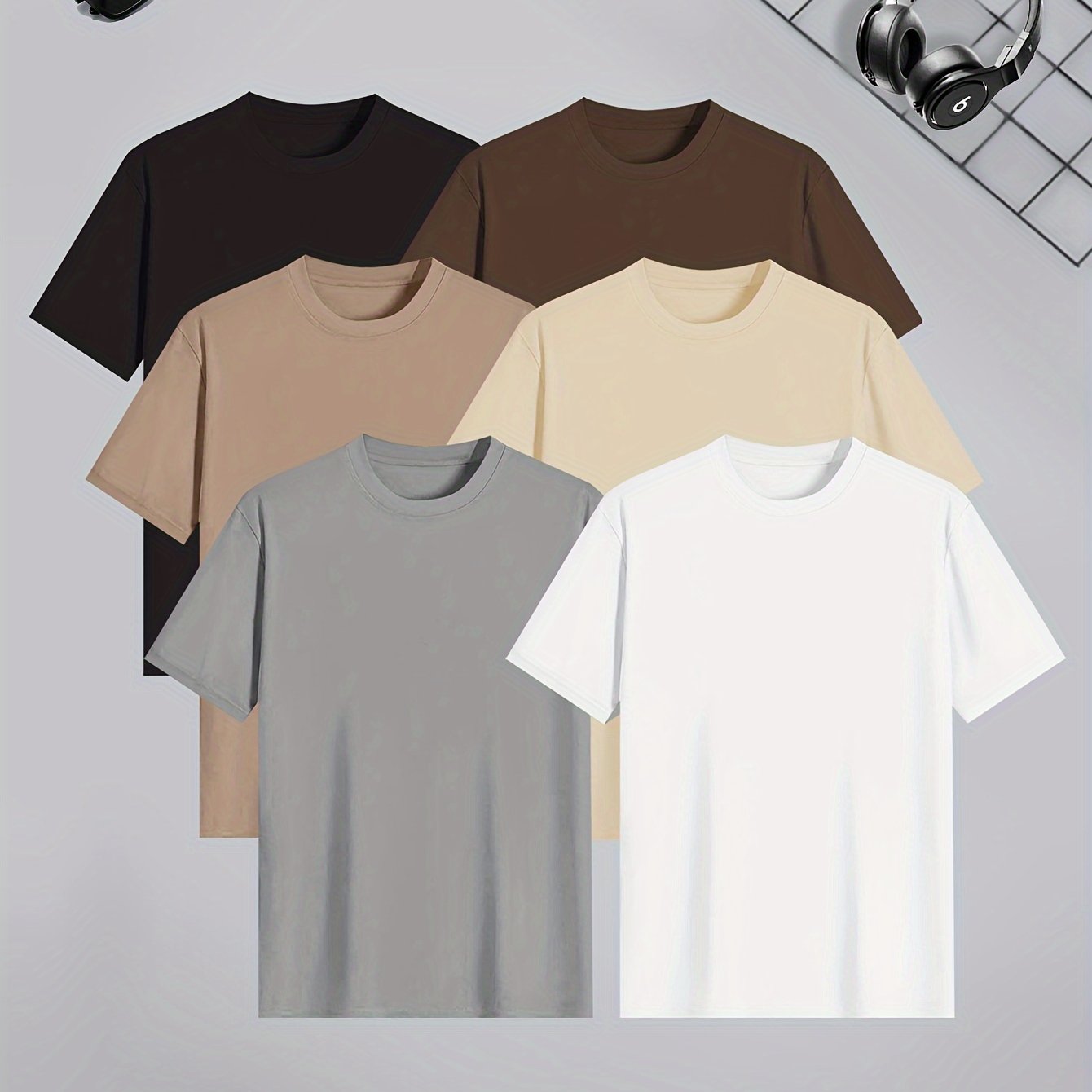 6-piece Men's Solid Color Short Sleeve T-shirt Set