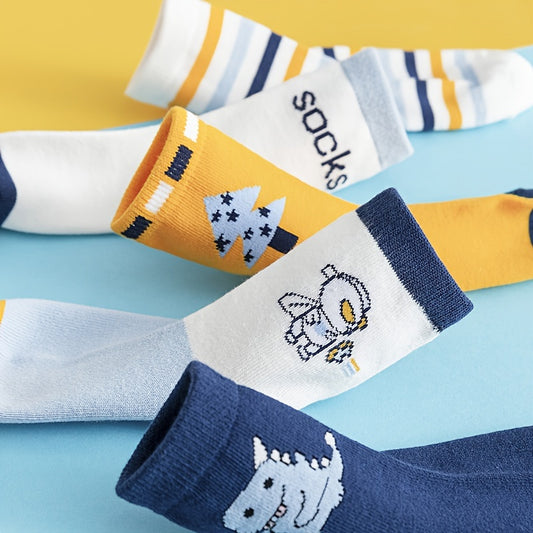 5 super cute superhero crew socks for kids made from cozy and skin-friendly polyester blend, featuring cartoon astronaut and striped designs, ideal for boys and girls during fall and winter.