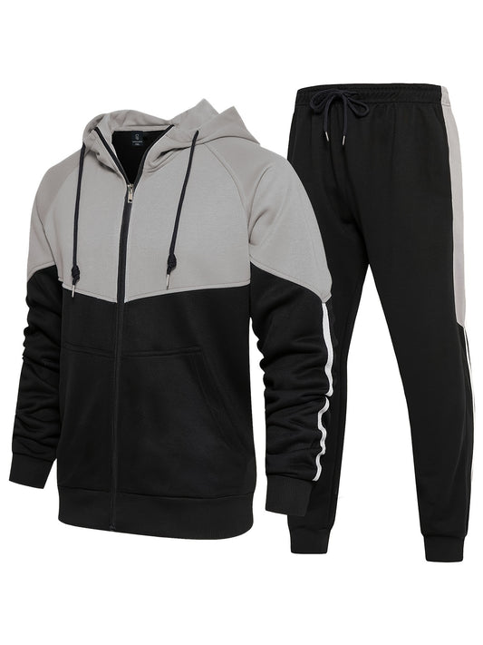 Plus size men's color block hoodie and jogger set, featuring a long sleeve zip-up hoodie with pockets and drawstring sweatpants. Made of polyester and machine washable. Ideal for fall and