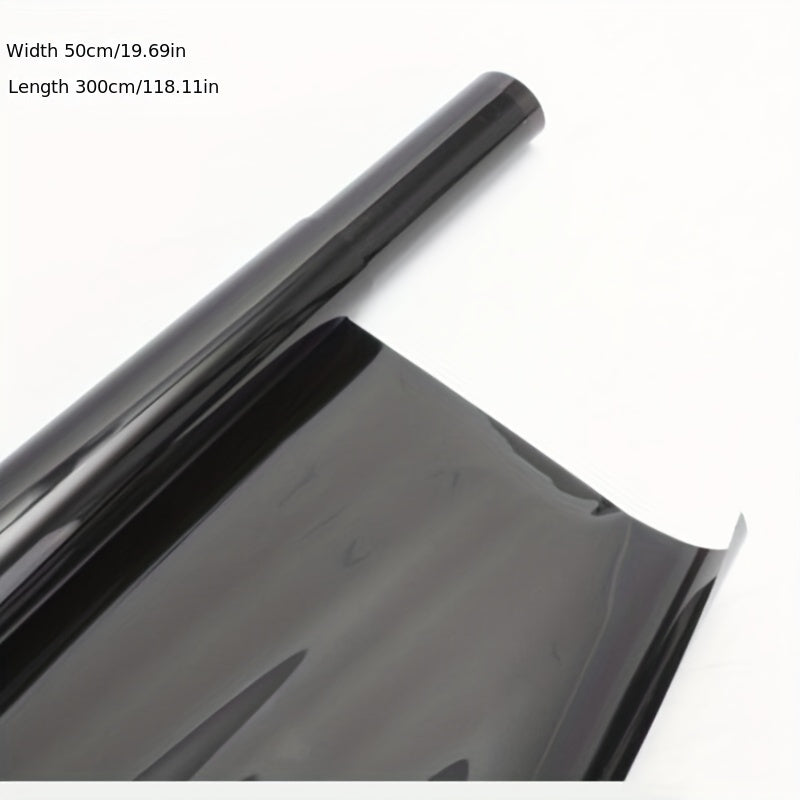 Black car window tint film roll for UV protection, measuring 300cmx50cm/118.11inx19.69in, suitable for both cars and homes.