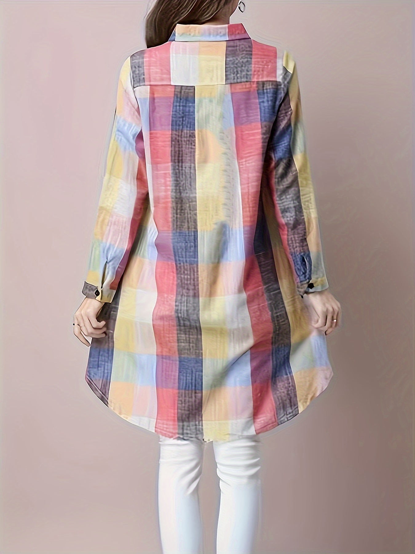 Women's chic plaid shirt blouse - elegant long-sleeve, button-up, lightweight linen blend, versatile for all seasons