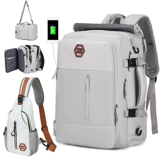 Large, durable backpack with shoe compartment, USB port, and 17-inch laptop compartment, ideal for college or business use.