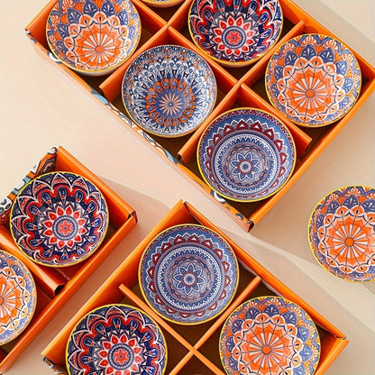 Handmade Bohemian ceramic bowl gift set featuring vibrant orange and blue mandala design. Ideal for serving cereal, ice cream, or pasta. Includes 2/4/6 bowls with elegant storage box. Perfect for holiday gatherings, Christmas, or Thanksgiving.