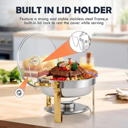 This set includes four 4-quart golden chafing dishes, complete with stainless steel round chafers topped with a glass lid for easy viewing. Each chafer also comes with a lid holder. Perfect for serving and keeping food warm at dinners, parties, weddings