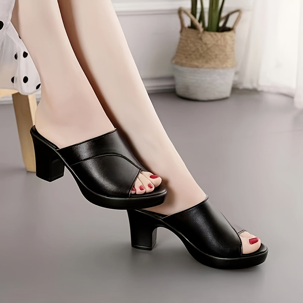 Stylish black peep-toe sandals from the Chic Summer 2024 Collection feature a comfortable slip-on design with thick sole and block heel, soft faux cover, and non-slip high heel slides for