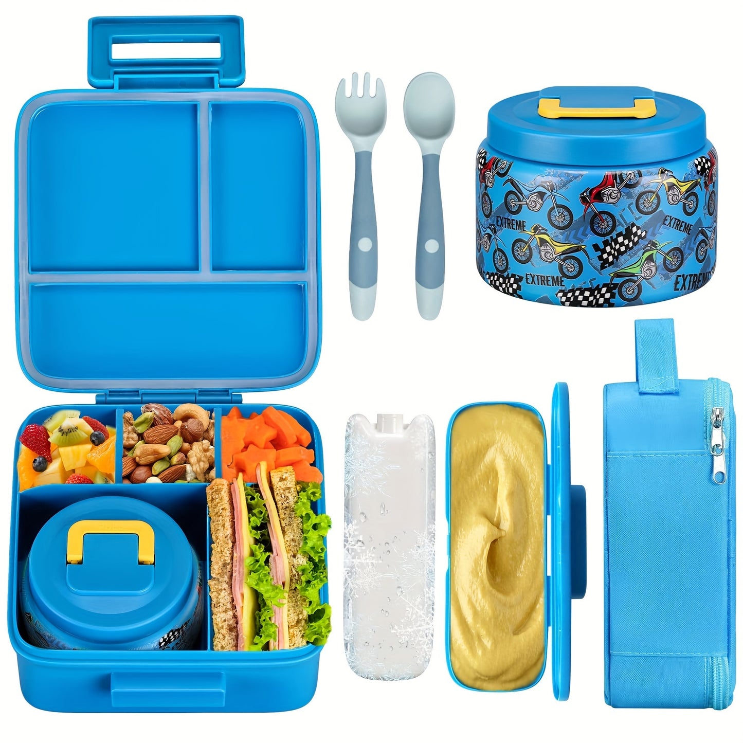 Kids' Bento Box Set with insulated food jar, lunch bag, ice pack, and utensils. Leak-proof container with 5 compartments, perfect for school or work.