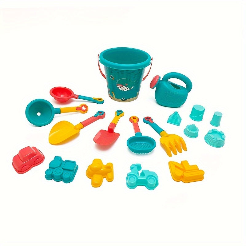 Beach toy set for kids with sand timer, big shovel, bucket, and other tools for playing in the water and sand. Great for babies and children.