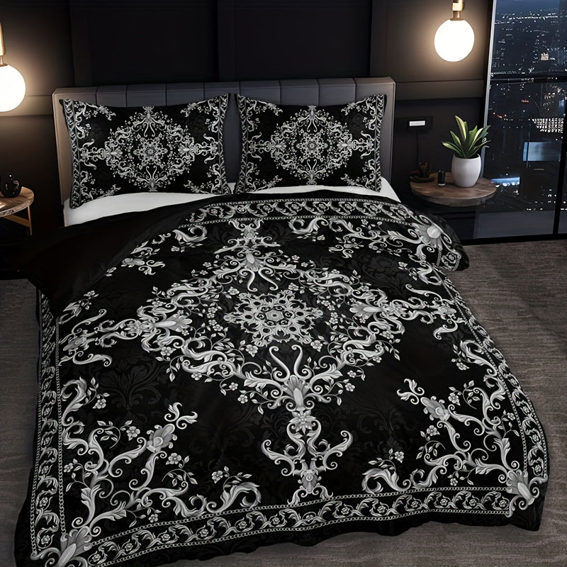 3-piece duvet cover set with pillowcases, breathable polyester, digital print black and white damask pattern, machine washable, no duvet insert, 90g fabric weight