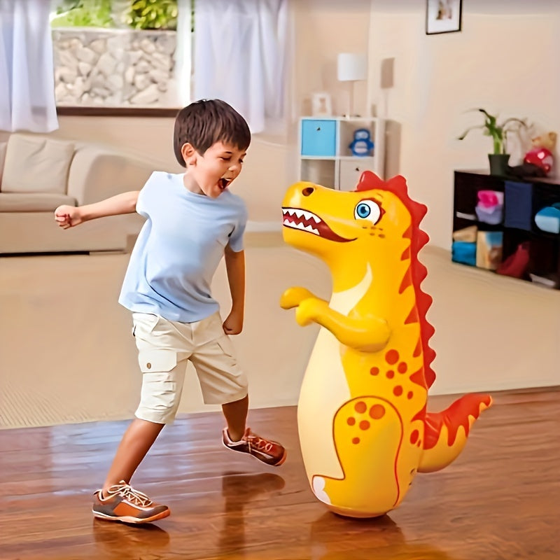 Inflatable dinosaur punching bag for kids, made of durable PVC, suitable for ages 3-6, for outdoor exercise and play. Available in yellow, green, and rose red.