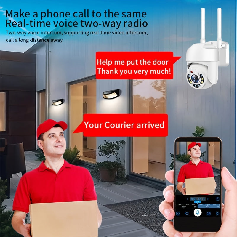 One 1080P WiFi Security Camera with PTZ Auto-Tracking, offering a 360° Panoramic View and Full Color Night Vision. Features include AI Human Detection, Two-Way Audio, USB Powered operation, Smartphone Compatibility, and ideal for Indoor Use.